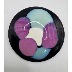 Vintage Abstract Enamel Brooch Purple Blue White Black on Copper Round